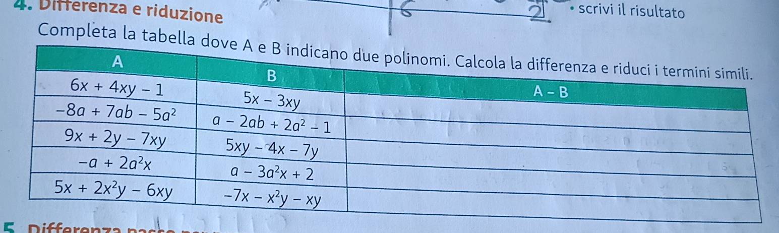 Differenza e riduzione
• scrivi il risultato
Completa la tabella dov