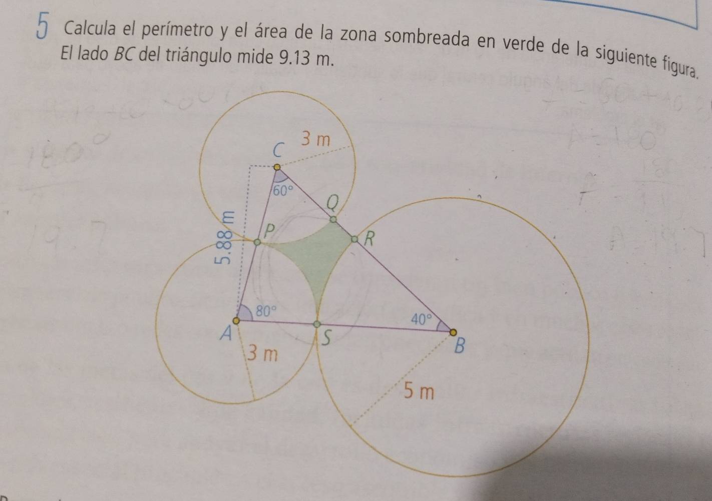 Calcula el perímetro y el área de la zona sombreada en verde de la siguiente figura.
El lado BC del triángulo mide 9.13 m.