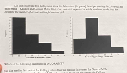 The following two histograms show the fat content (in grams) listed per serving for 25 cereals for
each brand - Kellogg and General Mills. Hint: Fat content is reported as whole numbers, so the first bin
cantains the number of cereals with a fat content of 0.

Which of the following statements is INCORRECT?
(A) The median far content for Kellogg is less than the median fat content for General Mills
für Kellnes