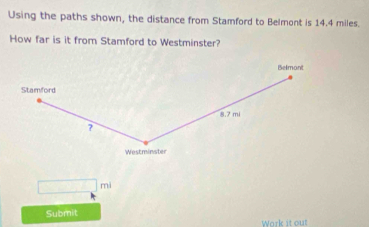 Using the paths shown, the distance from Stamford to Belmont is 14.4 miles. 
How far is it from Stamford to Westminster? 
Belmont 
Stamford
8.7 mi
? 
Westminster
□ ml
Submit 
Work it out