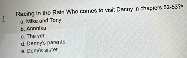 Racing in the Rain Who comes to visit Denny in chapters 52-53?*
a. Mike and Tony
b. Annnika
c. The vet
d. Denny's parents
e. Deny's sister