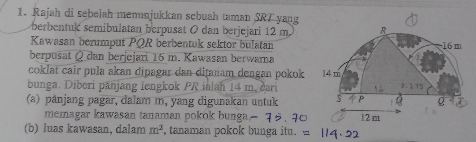 Rajah di sebelah menunjukkan sebuah taman SRT yang 
berbentuk semibulatan berpusat O dan berjejari 12 m R
Kawasan berumput PQR berbentuk sektor bulatan 16 m
berpusat Q dan berjejari 16 m. Kawasan berwarna 
coklat cair pula akan dipagar dan ditanam dengan pokok 14m
bunga. Diberi panjang lengkok PR ialah 14 m, cari 0、 85
S
(a) pånjang pagar, dalam m, yang digunakan untuk Q
memagar kawasan tanaman pokok bunga, - 12 m
(b) luas kawasan, dalam m^2 , tanaman pokok bunga itu.