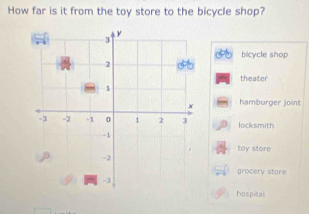 How far is it from the toy store to the bicycle shop?
bicycle shop
theater
hamburger joint
locksmith
toy store
grocery store
hospital