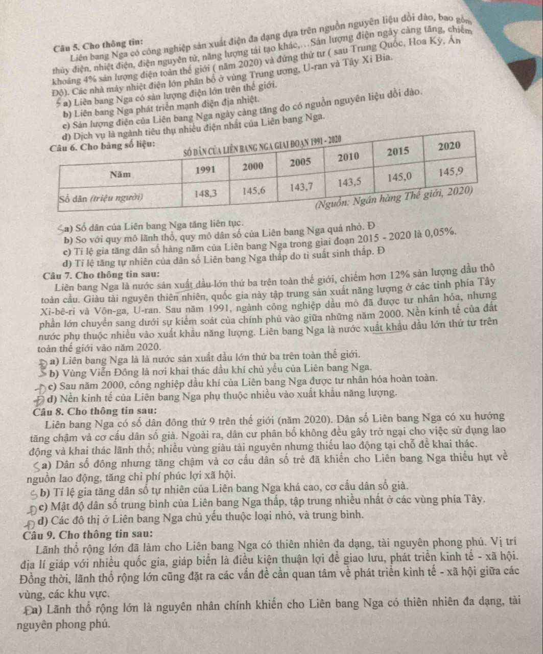 Liên bang Nga có công nghiệp sản xuất điện đa dạng dựa trên nguồn nguyên liệu dồi đào, bao gồn
Câu 5. Cho thông tin:
thủy điện, nhiệt điện, điện nguyên tử, năng lượng tái tạo khác,..Sán lượng điện ngày càng tăng, chiếm
khoảng 4% sản lượng điện toàn thế giới ( năm 2020) và đứng thứ tư ( sau Trung Quốc, Hoa Kỳ, Án
Độ). Các nhà máy nhiệt điện lớn phân bố ở vùng Trung ương, U-ran và Tây Xi Bia.
5 a) Liên bang Nga có sản lượng điện lớn trên thế giới.
b) Liên bang Nga phát triển mạnh điện địa nhiệt.
c) Sản lượng điện của Liên bang Nga ngày cảng tăng do có nguồn nguyên liệu dồi dào.
iện nhất của Liên bang Nga.
Sa) Số dân của Liên bang Nga tăng liên tục.
b) So với quy mô lãnh thổ, quy mô dân số của Liên bang Nga quá nhỏ. Đ
c) Tỉ lệ gia tăng dân số hàng năm của Liên bang Nga trong giai đoạn 2015 - 2020 là 0,05%.
d) Ti lệ tăng tự nhiên của dân số Liên bang Nga thắp do ti suất sinh thấp. Đ
Câu 7. Cho thông tin sau:
Liên bang Nga là nước sản xuất dầu lớn thứ ba trên toàn thế giới, chiếm hơn 12% sản lượng dầu thô
toàn cầu. Giàu tài nguyên thiên nhiên, quốc gia này tập trung sản xuất năng lượng ở các tỉnh phía Tây
Xi-bê-ri và Vôn-ga, U-ran. Sau năm 1991, ngành công nghiệp dầu mỏ đã được tư nhân hóa, nhưng
phần lớn chuyển sang dưới sự kiểm soát của chính phủ vào giữa những năm 2000, Nền kinh tế của đất
nước phụ thuộc nhiều vào xuất khẩu năng lượng. Liên bang Nga là nước xuất khẩu dầu lớn thứ tư trên
toàn thế giới vào năm 2020.
a) Liên bang Nga là là nước sản xuất dầu lớn thứ ba trên toàn thế giới.
* b) Vùng Viễn Đông là nơi khai thác dầu khí chủ yếu của Liên bang Nga.
c) Sau năm 2000, công nghiệp dầu khí của Liên bang Nga được tư nhân hóa hoàn toàn.
( đ) Nền kinh tế của Liên bang Nga phụ thuộc nhiều vào xuất khẩu năng lượng.
Câu 8. Cho thông tin sau:
Liên bang Nga có số dân đồng thứ 9 trên thế giới (năm 2020). Dân số Liên bang Nga có xu hướng
tăng chậm và cơ cấu dân số giả. Ngoài ra, dân cư phân bố không đều gây trở ngại cho việc sử dụng lao
động và khai thác lãnh thổ; nhiều vùng giàu tài nguyên nhưng thiếu lao động tại chỗ để khai thác.
C a) Dân số đông nhưng tăng chậm và cơ cấu dân số trẻ đã khiến cho Liên bang Nga thiếu hụt về
nguồn lao động, tăng chi phí phúc lợi xã hội.
b) Ti lệ gia tăng dân số tự nhiên của Liên bang Nga khá cao, cơ cấu dân số già.
c) Mật độ dân số trung bình của Liên bang Nga thấp, tập trung nhiều nhất ở các vùng phía Tây.
đ) Các đô thị ở Liên bang Nga chủ yếu thuộc loại nhỏ, và trung bình.
Câu 9. Cho thông tin sau:
Lãnh thổ rộng lớn đã làm cho Liên bang Nga có thiên nhiên đa dạng, tài nguyên phong phú. Vị trí
địa lí giáp với nhiều quốc gia, giáp biển là điều kiện thuận lợi đề giao lưu, phát triển kinh tế - xã hội.
Đồng thời, lãnh thổ rộng lớn cũng đặt ra các vấn đề cần quan tâm về phát triển kinh tế - xã hội giữa các
vùng, các khu vực.
Đa) Lãnh thổ rộng lớn là nguyên nhân chính khiến cho Liên bang Nga có thiên nhiên đa dạng, tài
nguyên phong phú.