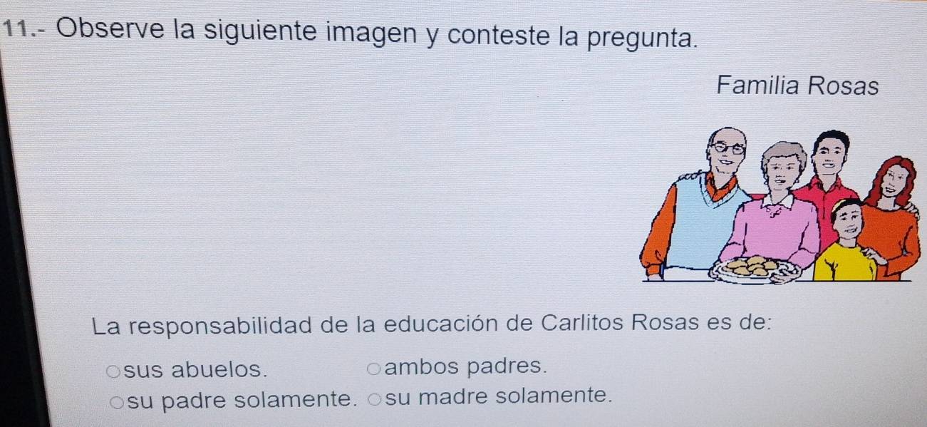 11.- Observe la siguiente imagen y conteste la pregunta.
Familia Rosas
La responsabilidad de la educación de Carlitos Rosas es de:
sus abuelos. ambos padres.
su padre solamente. su madre solamente.