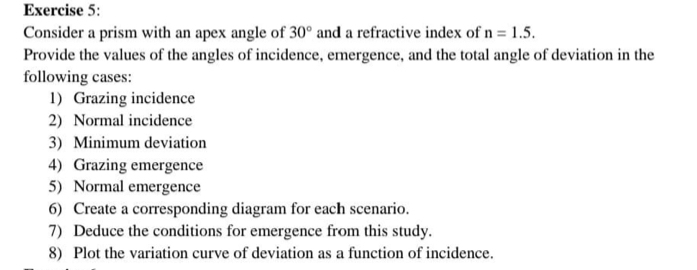 Consider a prism with an apex angle of 30° and a refractive index of n=1.5. 
Provide the values of the angles of incidence, emergence, and the total angle of deviation in the 
following cases: 
1) Grazing incidence 
2) Normal incidence 
3) Minimum deviation 
4) Grazing emergence 
5) Normal emergence 
6) Create a corresponding diagram for each scenario. 
7) Deduce the conditions for emergence from this study. 
8) Plot the variation curve of deviation as a function of incidence.