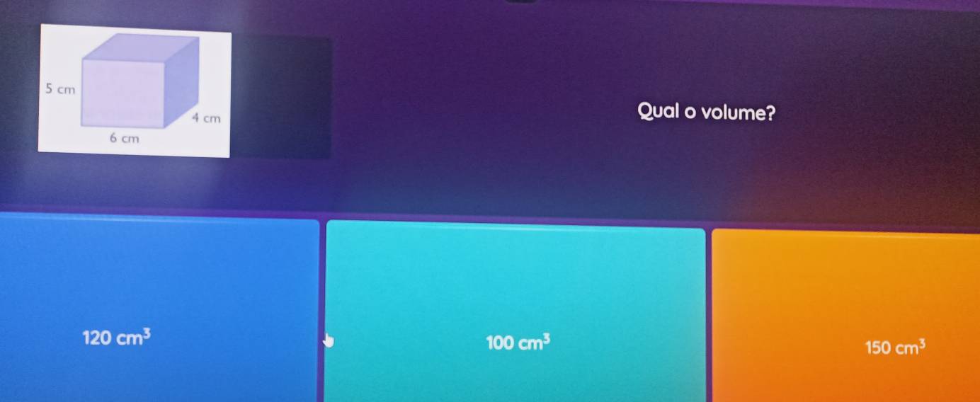 Qual o volume?
120cm^3
100cm^3
150cm^3