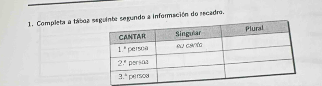 Completa a táboa egundo a información do recadro.