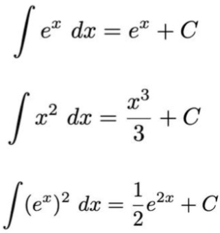 ∈t e^xdx=e^x+C
∈t x^2dx= x^3/3 +C
∈t (e^x)^2dx= 1/2 e^(2x)+C