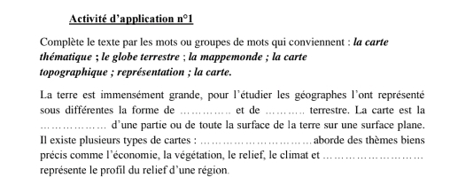 Activité d'application _ n°1 
Complète le texte par les mots ou groupes de mots qui conviennent : la carte 
thématique ; le globe terrestre ; la mappemonde ; la carte 
topographique ; représentation ; la carte. 
La terre est immensément grande, pour l'étudier les géographes l'ont représenté 
sous différentes la forme de _et de _terrestre. La carte est la 
_d’une partie ou de toute la surface de la terre sur une surface plane. 
Il existe plusieurs types de cartes : _aborde des thèmes biens 
précis comme l'économie, la végétation, le relief, le climat et_ 
représente le profil du relief d'une région.