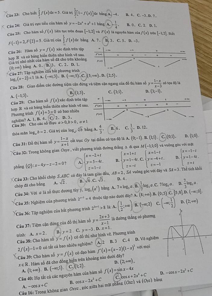 Cho biểt ∈tlimits _1^(tf(x)dx=5. Giả trị ∈tlimits _0^3[1-f(x)]dx bāng A. -4. B. 4 . C.-3,D.7.
Câu 24: Giả trị cực tiểu của hàm số y=-2x^4)+x^2+1 bāng A - 1/4 . B. 0 . C. 2 D. 1.
Câu 25: Cho hàm số f(x) liên tục trên đoạn [-1;2] và F(x) là nguyên hám của f(x) trên [-1;2]. Biết
F(-1)=2,F(2)=5 , Giá trị của ∈tlimits _(-1)^2f(x) dx bằng A. 7. B. 3 . C. 5.D. -3 .
Câu 26: Hàm số y=f(x) xác định trên tậ
hợp R và có bảng biển thiện như hình về sa
Giả trị nhỏ nhất của hàm số đã cho trên khoả
(0;+∈fty ) bang A. 0. B. 3. C. 2. D. 1.
Câu 27: Tập nghiệm của bắt phương trình
log _3(x-2)<1</tex> là A. (-∈fty ;3). .B.(-∈fty ;5). C. (5;+∈fty ).D.(2;5).
Câu 28: Giao điểm các đường tiệm cận đứng và tiệm cận ngang của đồ thị hàm số y= (1-x)/x-3  có tọa ∈fty là
A. (-1;3). B. (1;3). C. (3;1). D. (3;-1).
Câu 29: Cho hàm sổ f(x) xác định trên 
hợp R và có bảng biển thiên như hình về 
Phương trinh f(x)+3=0 có bao nhiêu
nghiệm? A. 1. B. 4. C. 2. D. 3.
Câu 30: Cho các số thực a>0,b>0,a!= 1
thỏa mǎn log _ab=2. Giả trị của log _4^2sqrt[3](b) bằng A.  4/3 . B. 6 . C.  1/3 .. D. 12.
Câu 31: Đồ thị hàm số y= (1-x)/x+1  cắt trục Oy tại điểm có tọa độ là A.(0;-1). B (1;1). L.(0;1). D. (1;0).
Câu 32: Trong không gian Oxy= , viết phương trình đường thẳng Δ đi qua M(-1;1;0) và vuông góc với mặt
phẳng  2 ):x-4y-z-2=0 ? A. beginarrayl x=-2+t y=5-4t. z=1-tendarray. B beginarrayl x=1+t y=1-4t.C.beginarrayl x=1-t y=-4+t. z=-1endarray. D. beginarrayl x=-1-t y=1-4t. z=tendarray.
Câu 33: Cho khối chóp S.ABC có đây là tam giác đều, AB=2 , SA vuông góc với đảy và SA=3. Thể tích khối
chóp đã cho bằng A. sqrt(2). B. sqrt(6) ,C. sqrt(3). D. 4 .
Câu 34: Với a là sổ thực dương tùy ý, log _3(a^7) bằng A. 7+log _3 a. B.  1/7 log a . C. 7log _3a. D.  7/3 log _3a.
* Câu 35: Nghiệm của phương trình 2^(r-3)=4 thuộc tập nào dưới đây? A. (8;+∈fty ).B. (0;5) C. [5;8] D.(-∈fty ;0].
Câu 36: Tập nghiệm của bắt phương trình 2^(2x-1)>8 là: A. ( 1/2 ;+∈fty ) B. (-∈fty ;2) C. (-∈fty ; 1/2 ) D. (2;+∈fty )
Câu 37: Tiệm cận đứng của đồ thị hàm số y= (2x+3)/x-1  là đường thẳng có phương
trinh: A. x=2. B. y=2. C. y=-3. D. x=1.
Câu 38: Cho hàm số y=f(x) có đổ thị như hình về. Phương trinh
2f (x)-1=0 có tất cả bao nhiêu nghiệm? A. 2 B. 3 C. 4 D. Vð nghiệm
Câu 39: Cho hàm số y=f(x) có đạo hám f'(x)=(x-2)(1-x)^2 với mọi
x∈ R. Hàm số đã cho đồng biển trên khoảng nào dưới đây?
A. (1;+∈fty ) B. (-∈fty ;1). C. (1;2). D. (2;+∈fty ).
Câu 40: Họ tất cả các nguyên hàm của hàm số f(x)=sin x-4x
A. -cos x+C B. cos x-2x^2+C C. cos x+2x^2+C
D. -cos x-2x^2+C
Câu 16: Trong không gian Oxyz , góc giữa hai mặt phẳng (Oxz) và (O_yz) bàng
15