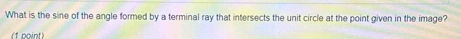 What is the sine of the angle formed by a terminal ray that intersects the unit circle at the point given in the image? 
(1 point)