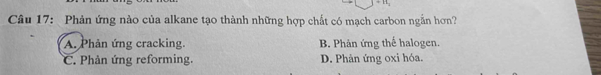 Phản ứng nào của alkane tạo thành những hợp chất có mạch carbon ngắn hơn?
A. Phản ứng cracking. B. Phản ứng thế halogen.
C. Phản ứng reforming. D. Phản ứng oxi hóa.