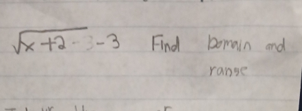 sqrt(x+2)-3 Find bomain and 
range