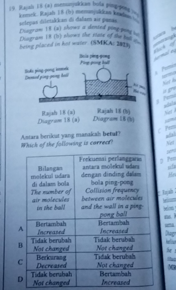 Rajah 18 (a) menunjukkan bola ping po 
kemek. Rajah 18 (b) menunjukkan keadn 
selepas diletakkan di dalam air panas 
Diagram 18 (a) shows a dented ping pon 
being placed in hot water. (SMKA: 1023) endrangi ustara b 
Diagram 18 (b) shows the state of the ball if e 
hermal eq Krch of 
4 Pamín 
termo 
Net h 
isgre 
g Pems 
sdala 
Nt 
same 
C Pem 
Antara berikut yang manakah betul? 
adal 
Which of the following is correct? Net 
sero 
D Pem 
sifa 
Hev 
Rajah 1 
Wium 
belon y 
atas. ] 
sa 
Diogy 
helituo 
the s 
rítua 
(MR 
Not changed