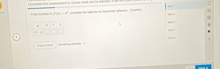 Complete this assessment to review what you've learned. It will not cour
Itern 1
DOLS If the function is f(x)=x^3 , complete the table for its horizontal reflection. (2 points)
Item 2
Item 3
item 4
Item 5
Check answer Remaining Attempts : 3