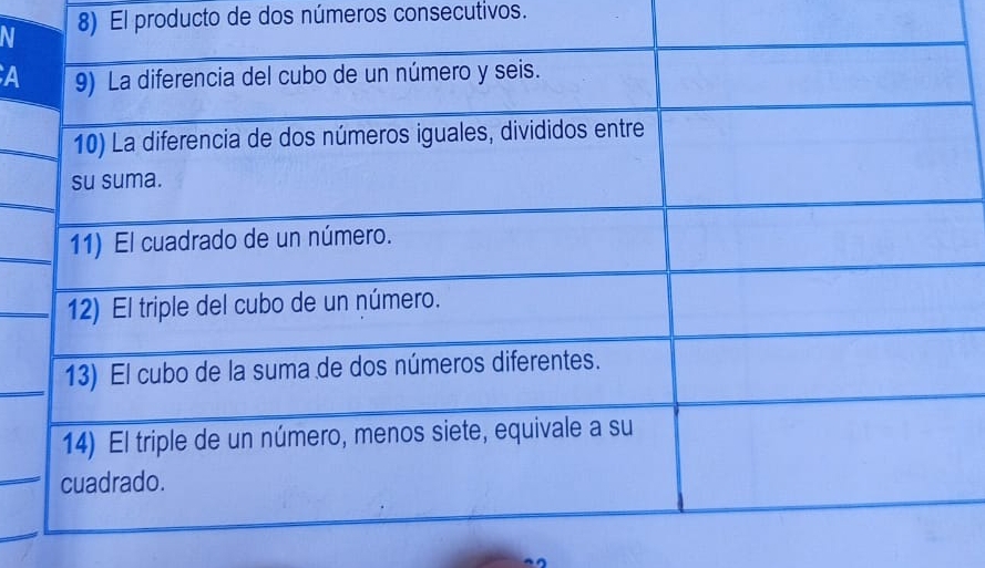 N8) El producto de dos números consecutivos. 
A