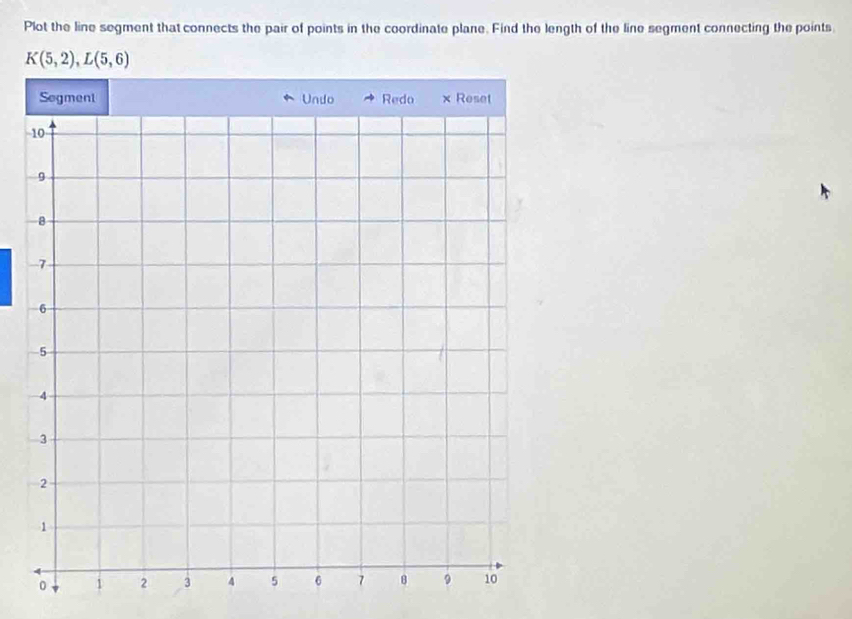 Plot the line segment that connects the pair of points in the coordinate plane. Find the length of the line segment connecting the points
K(5,2), L(5,6)