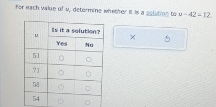 For each value of u, determine whether it is a solution to u-42=12. 
×