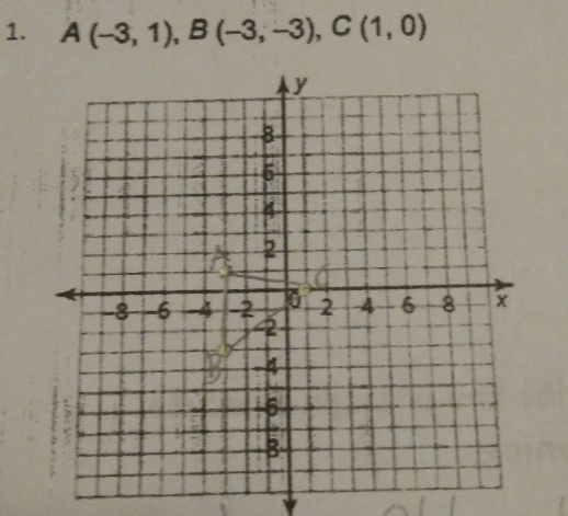 A(-3,1), B(-3,-3), C(1,0)