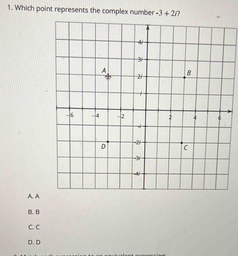 Which point represents the complex number -3+2i 7
A. A
B. B
C. C
D. D