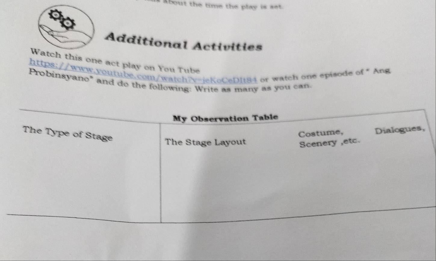 About the time the play is set. 
Additional Activities 
Watch this one act play on You Tube 
https://www.youtube.com/watch?v=jeKoCeDIt84 or watch one spisode of * Ang 
Probinsyano" and do the following: Write as many as you can.