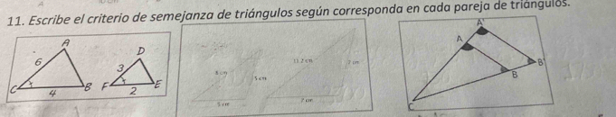 Escribe el criterio de semejanza de triángulos según corresponda en cada pareja de triángulos.