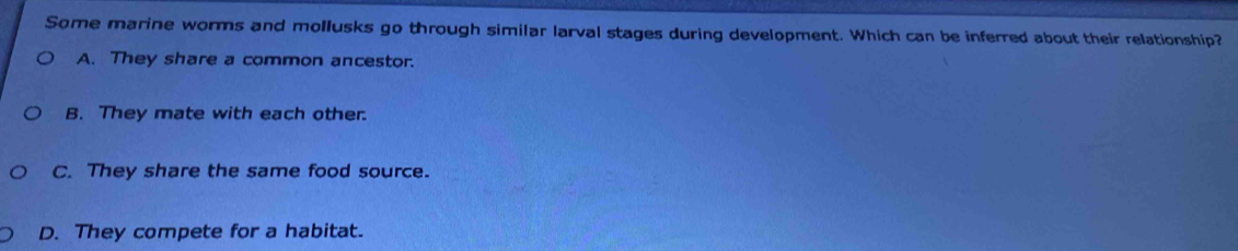 Some marine worms and mollusks go through similar larval stages during development. Which can be inferred about their relationship?
A. They share a common ancestor.
B. They mate with each other.
C. They share the same food source.
D. They compete for a habitat.