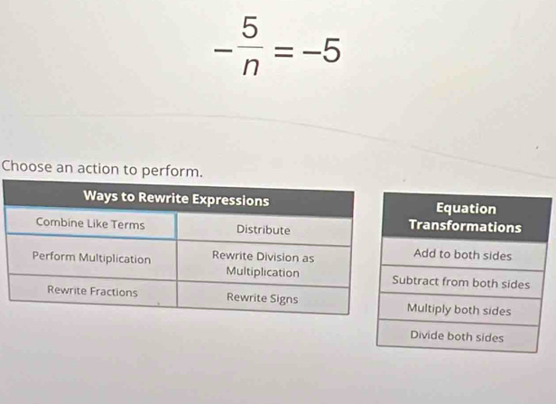 - 5/n =-5
Choose an action to perform.