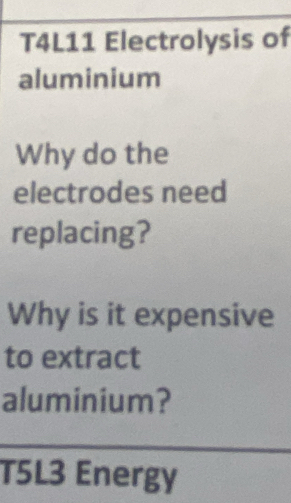 T4L11 Electrolysis of 
aluminium 
Why do the 
electrodes need 
replacing? 
Why is it expensive 
to extract 
aluminium?
T5L3 Energy