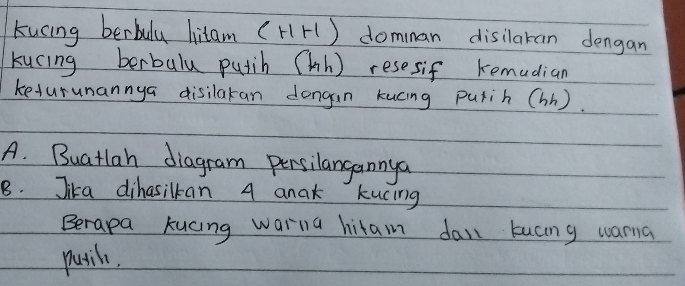 kucing berbulu litam (H H) domnan disilaran dengan 
kucing berbull putih (hh) resesif remadian 
keturunannya disilaran dongan kucing purih (hh). 
A. Buatlan diagram persilangannya 
8. Jika dihasilkan 4 ana kucing 
Berapa Kucing warna hitan dan kucng warna 
patih.