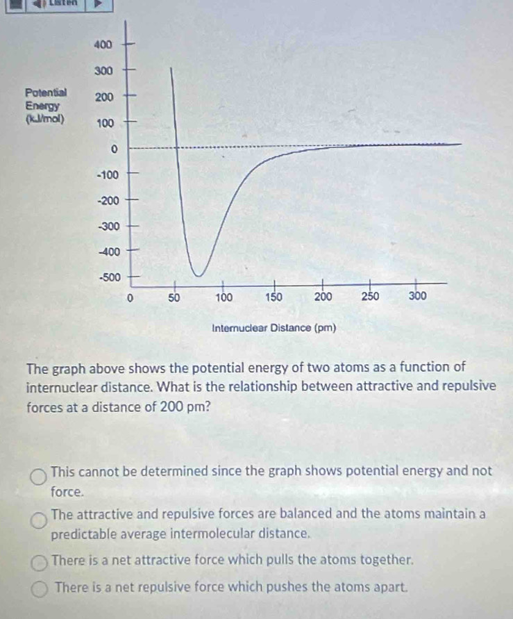 Listen
The graph above shows the potential energy of two atoms as a function of
internuclear distance. What is the relationship between attractive and repulsive
forces at a distance of 200 pm?
This cannot be determined since the graph shows potential energy and not
force.
The attractive and repulsive forces are balanced and the atoms maintain a
predictable average intermolecular distance.
There is a net attractive force which pulls the atoms together.
There is a net repulsive force which pushes the atoms apart.