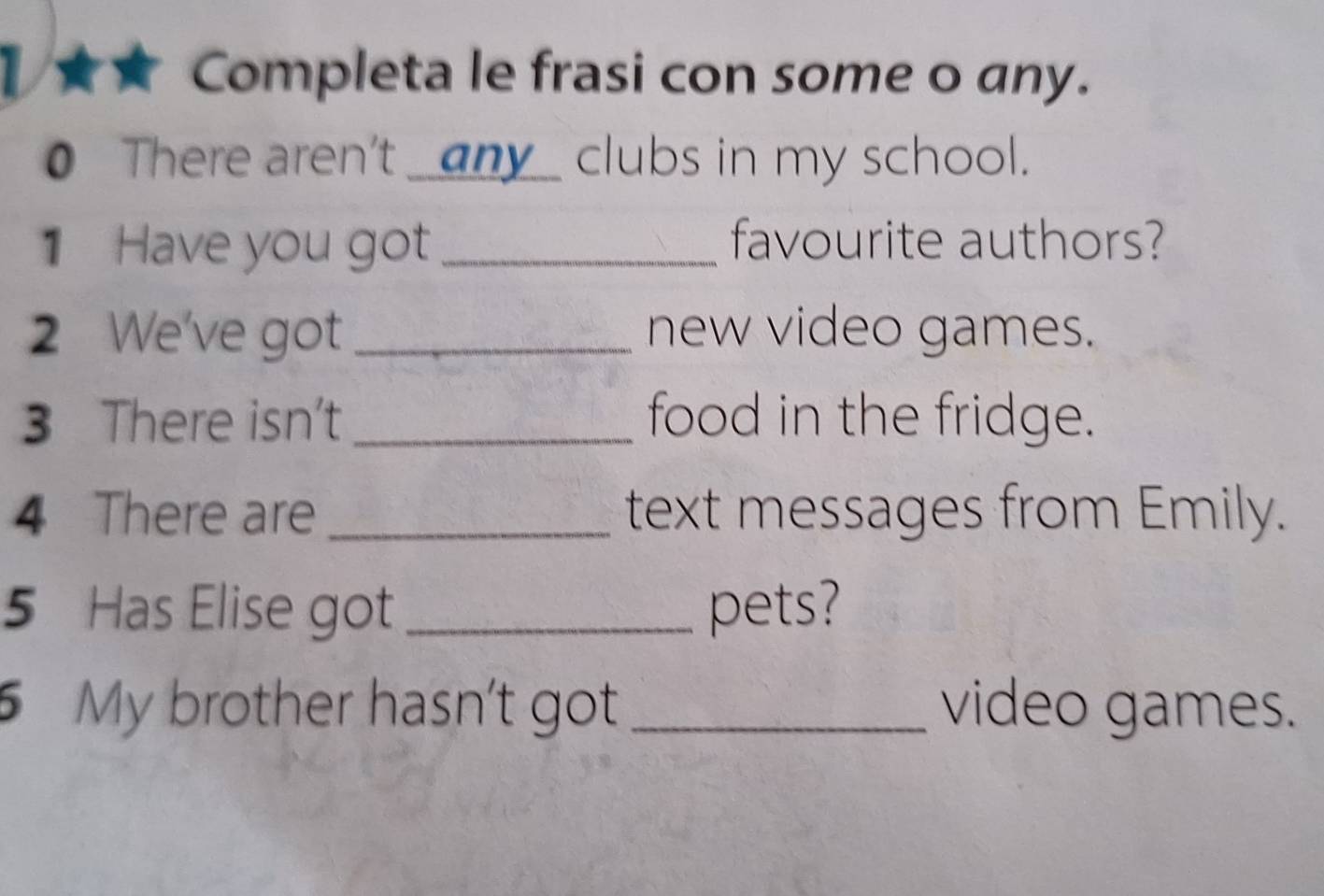 ★★ Completa le frasi con some o any. 
0 There aren't __any_ clubs in my school. 
1 Have you got _favourite authors? 
2 We've got_ new video games. 
3 There isn't _food in the fridge. 
4 There are_ text messages from Emily. 
5 Has Elise got_ pets? 
5 My brother hasn't got _video games.