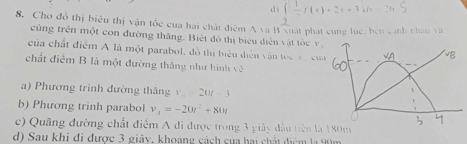 (1 ) ∈t  1/2 f(x)+2x+3dx=26
8. Cho đồ thị biêu thị vận tốc cua hai chất điệm A và B xuất phát cùng lúc, bên cạnh nhau và 
cùng trên một con đường thăng. Biết đô thị biêu diển vật tốc ν 
của chất điểm A là một parabol. đồ thị biểu diễn vận tốc vị của 
chất điểm B là một đường thắng như hình vẽ 
a) Phương trình đường thăng v_B=20t-3
b) Phương trinh parabol v_A=-20t^2+80t
c) Quãng đường chất điểm A đi được trong 3 giây đầu tiên là 180m
d) Sau khi đi được 3 giây, khoảng cách của hai chất điệm là 90m