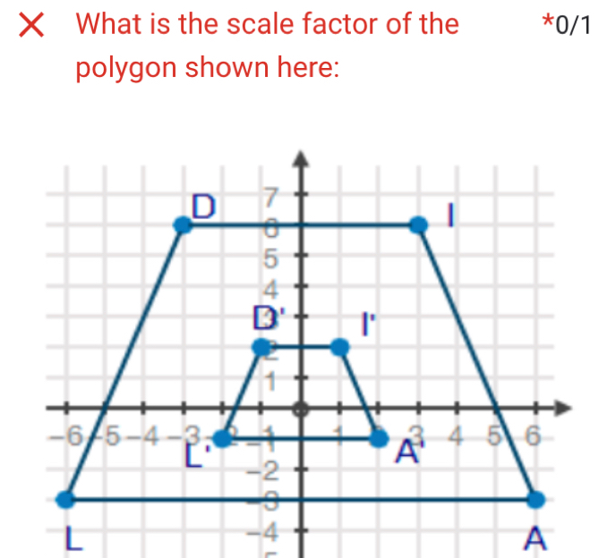 Xī What is the scale factor of the *0/1
polygon shown here:
L
A