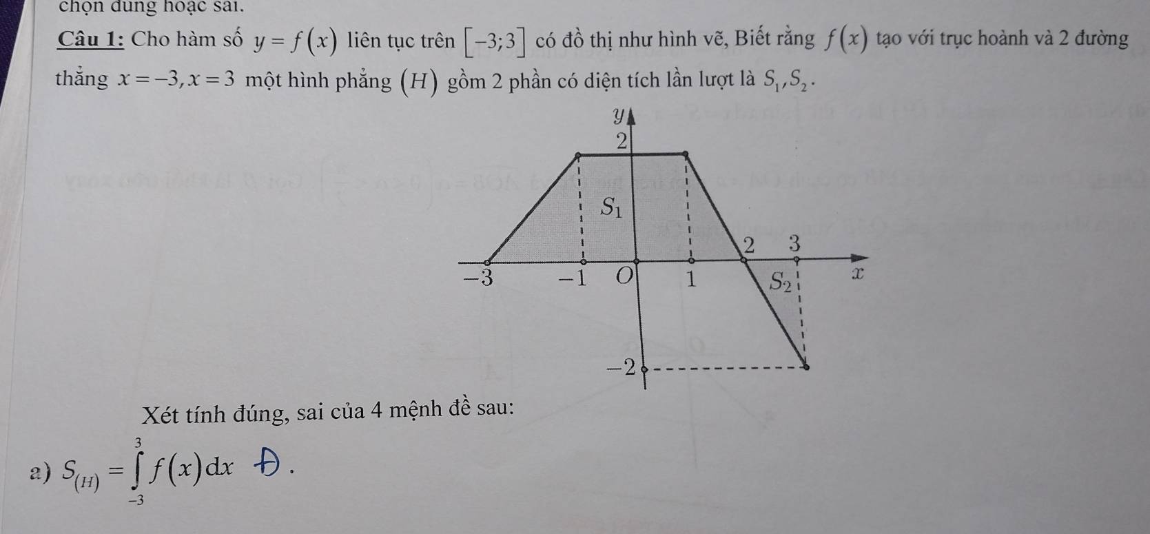 chọn đung noạc sai.
Câu 1: Cho hàm số y=f(x) liên tục trên [-3;3] có đồ thị như hình vẽ, Biết rằng f(x) tạo với trục hoành và 2 đường
thắng x=-3,x=3 một hình phẳng (H) gồm 2 phần có diện tích lần lượt là S_1,S_2.
Xét tính đúng, sai của 4 mệnh đề sau:
2) S_(H)=∈tlimits _(-3)^3f(x)dx