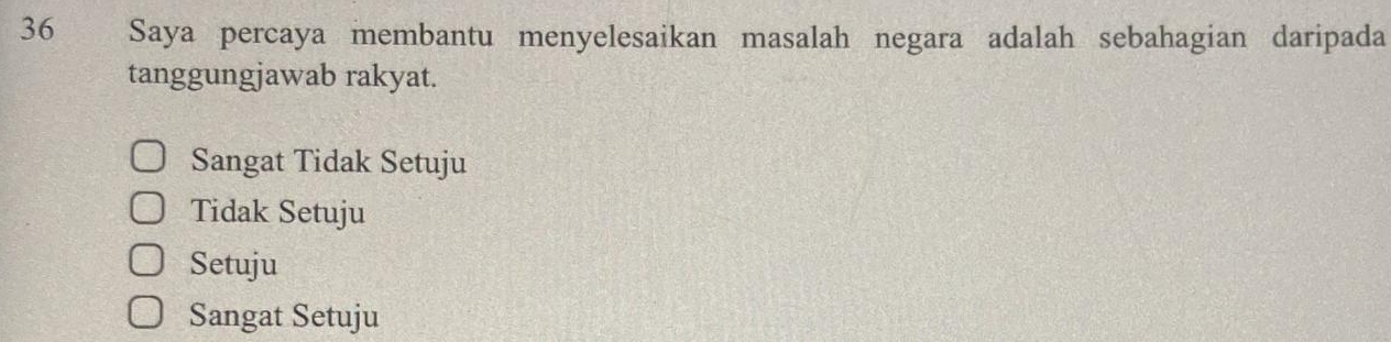 Saya percaya membantu menyelesaikan masalah negara adalah sebahagian daripada
tanggungjawab rakyat.
Sangat Tidak Setuju
Tidak Setuju
Setuju
Sangat Setuju