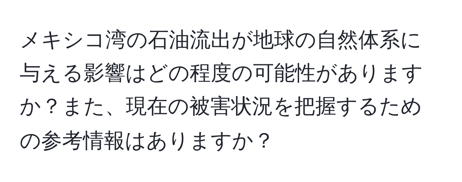 メキシコ湾の石油流出が地球の自然体系に与える影響はどの程度の可能性がありますか？また、現在の被害状況を把握するための参考情報はありますか？