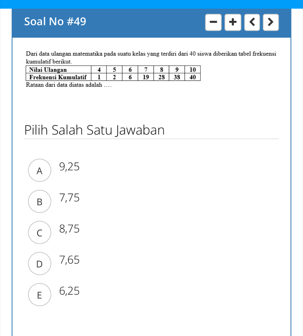 Soal No #49
-+<>
Dari data ulangan matematika pada suatu kelas yang terdiri dari 40 siswa diberikan tabel frekuensi
kumulatif berikut.
Rataan dari data diatas adalah …
Pilih Salah Satu Jawaban
A 9,25
B 7,75
c 8,75
D 7,65
E 6,25