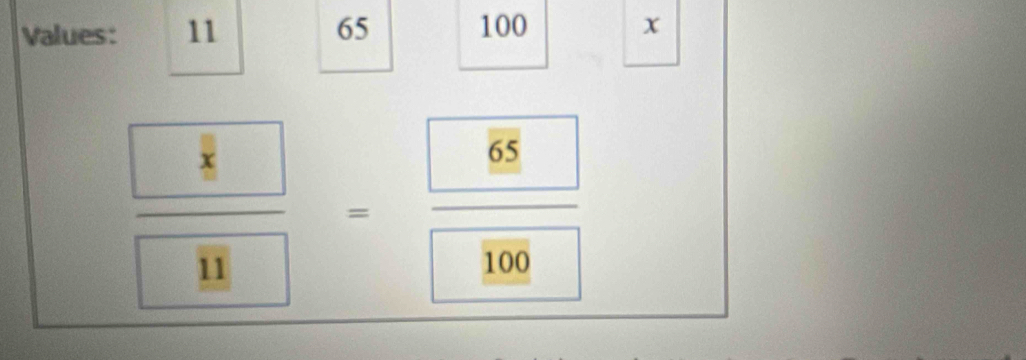 Values: 11 65 100 x
frac  8 11=frac  65 100