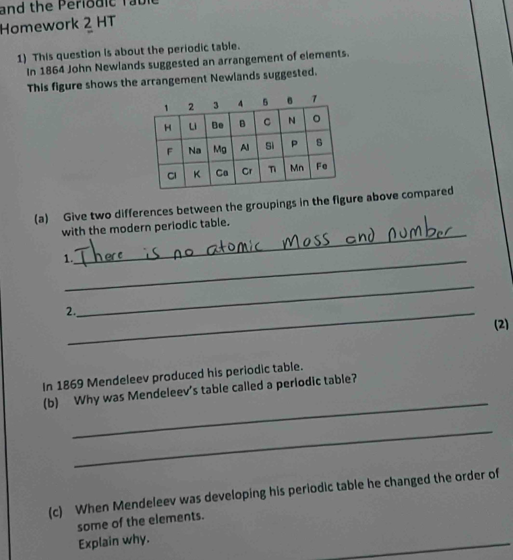 and the Periodic ra bic 
Homework 2 HT 
1) This question is about the periodic table. 
In 1864 John Newlands suggested an arrangement of elements. 
This figure shows the arrangement Newlands suggested. 
(a) Give two differences between the groupings in the figure above compared 
with the modern periodic table. 
1._ 
_ 
_ 
2._ 
(2) 
In 1869 Mendeleev produced his periodic table. 
_ 
(b) Why was Mendeleev’s table called a perlodic table? 
_ 
(c) When Mendeleev was developing his periodic table he changed the order of 
some of the elements. 
Explain why. 
_