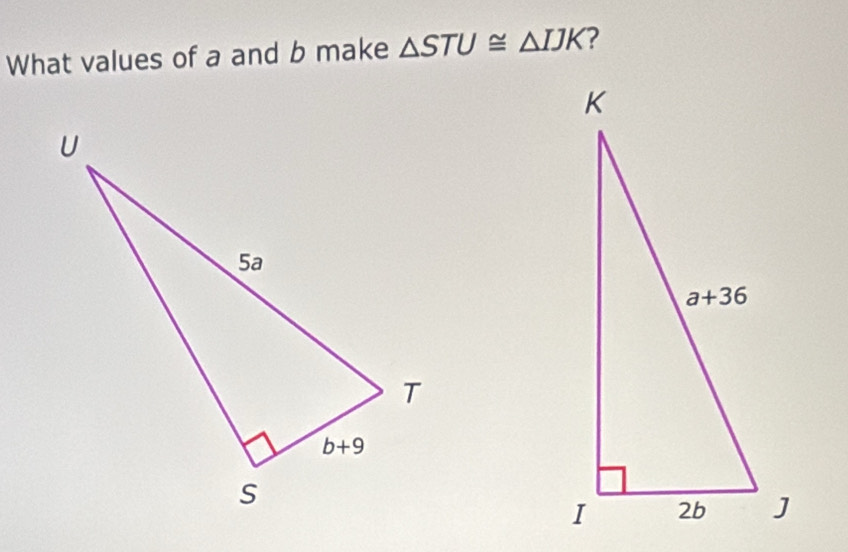 What values of a and b make △ STU≌ △ IJK ?