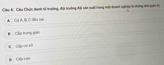 Câu Chức danh tố trưởng, đội trưởng đội sản xuất trong một doanh nghiệp là những nhà quản trị:
A Cá A, B, C đều sai
B Cấp trung gian
c Cấp cơ sở
D Cấp cao