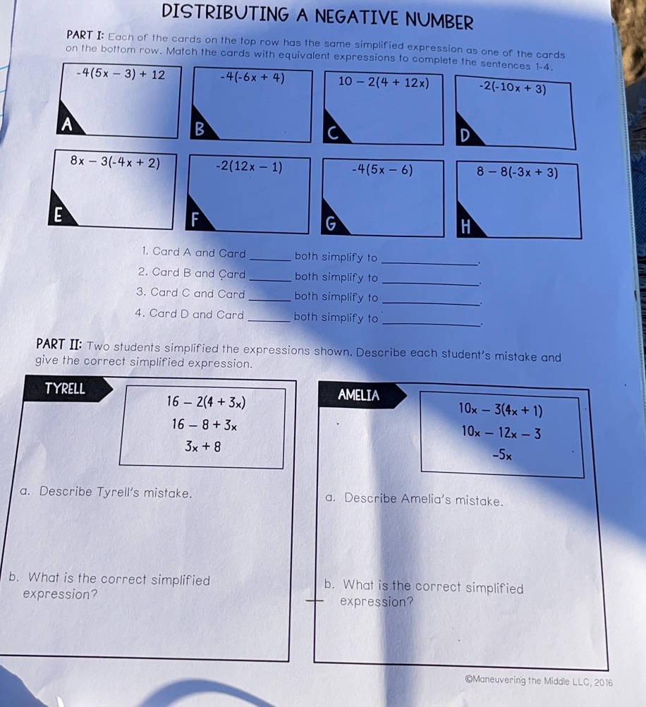 Solved: DISTRIBUTING A NEGATIVE NUMBER PART I: Each of the cards on the ...