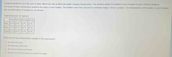 A student wanted to see if the celor of water affects the rate at which the water changes temperature. The student added 50 mililiters (ml) of water to each of three beakers
live drops of lood coloring were added to the water in each beaker. The beakers were then placed on a window ledge in direct sunlight. The temperature of the water in each beaker
was recorded every 10 minutes for 30 minutes.
What was the last (independent) vanable in this expenment?
the color of the wator
the tempersture of the water
he amount of water in each beaker
the amount of time each beaker was exposed to sunlight.