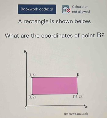 Calculator
Bookwork code: 21 not allowed
A rectangle is shown below.
What are the coordinates of point B?
Not drawn accurately