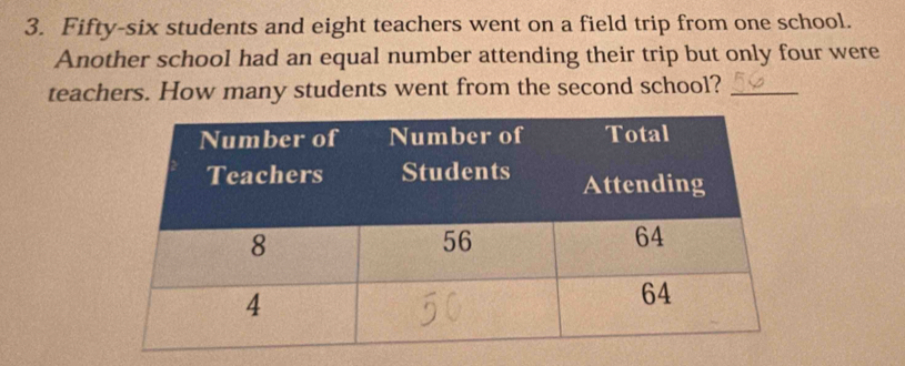 Fifty-six students and eight teachers went on a field trip from one school. 
Another school had an equal number attending their trip but only four were 
teachers. How many students went from the second school?_