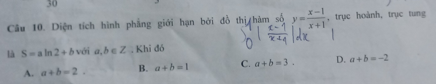 Diện tích hình phẳng giới hạn bởi đồ thị hàm số y= (x-1)/x+1  , trục hoành, trục tung
là S=aln 2+b với a,b∈ Z. Khi đó
A. a+b=2. B. a+b=1 C. a+b=3. D. a+b=-2