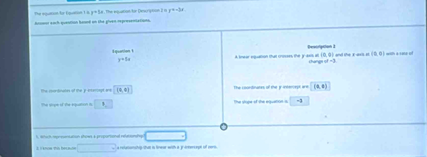 The equation lor Equation 1 is y=5x. The equation for Description 2 is y=-3x
Answer each question based on the given representations. 
Equation 1 Description 2
y=5x A linear equation that crosses the y-axis at (0,0) and the x-axis at (0,0) with a rate of 
change of =3
The coordinates of the y-intercept are: (0,0) The coordinates of the y-intercept are: (0,0)
The slope of the equation is: 5 The slope of the equation is. -3
t. Which representation shows a proportional relationship? 
2. I know this because a relationship that is linear with a y-intercept of zero.