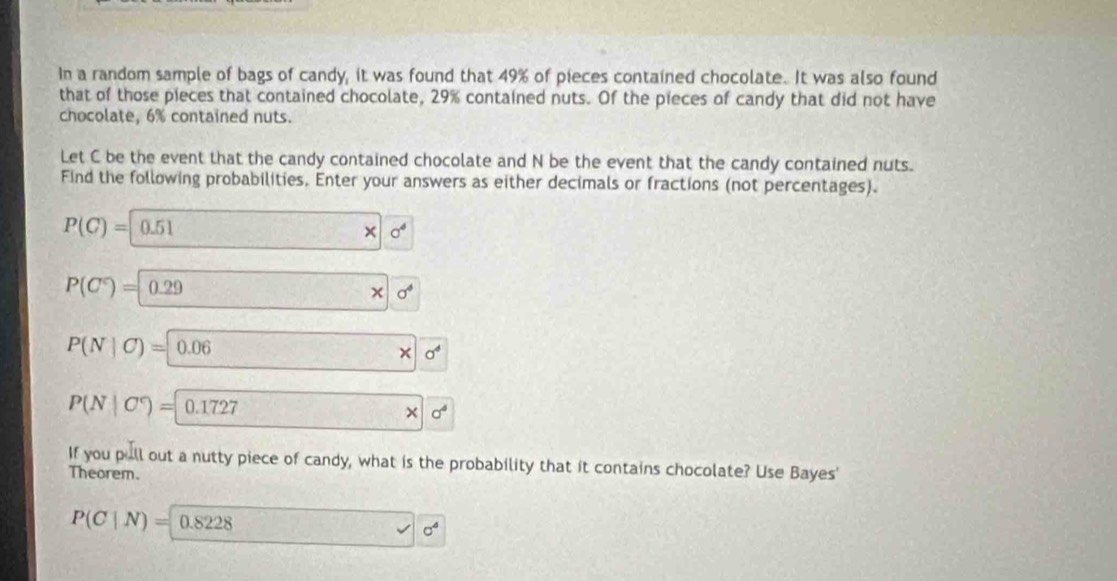 In a random sample of bags of candy, it was found that 49% of pieces contained chocolate. It was also found 
that of those pieces that contained chocolate, 29% contained nuts. Of the pieces of candy that did not have 
chocolate, 6% contained nuts. 
Let C be the event that the candy contained chocolate and N be the event that the candy contained nuts. 
Find the following probabilities, Enter your answers as either decimals or fractions (not percentages).
P(C)= 0.51
× sigma^4
P(C^c)=0.29
sigma^4
P(N|C)= 0.06
sigma^4
P(N|C°)= 0.1727
× sigma^4
If you pull out a nutty piece of candy, what is the probability that it contains chocolate? Use Bayes' 
Theorem.
P(C|N)= 0.82 28 a°